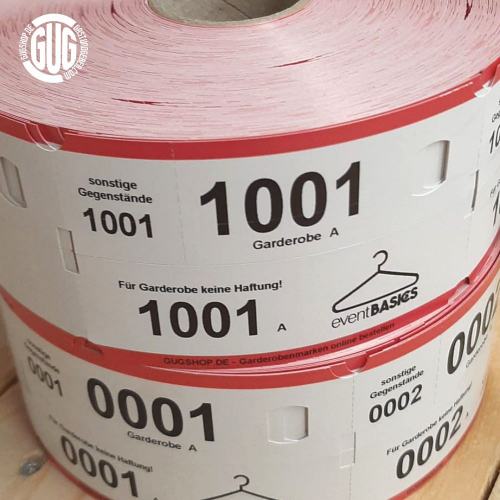 Preview: Garderobenmarken Papier auf Rolle - Logodruck - drei Abschnitte perforiert